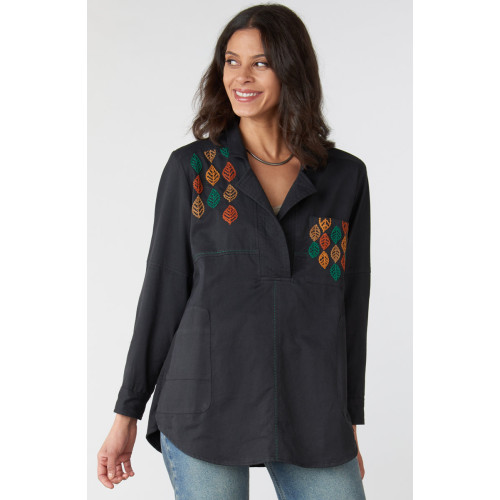 Kiana Embroidered Wide-Placket Shirt - Black