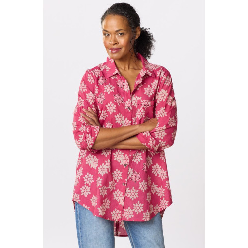 Aashna High-Low Hem Button-Down Shirt - Berry/Natural Aashna High-Low Hem Button-Down Shirt - Berry/Natural
