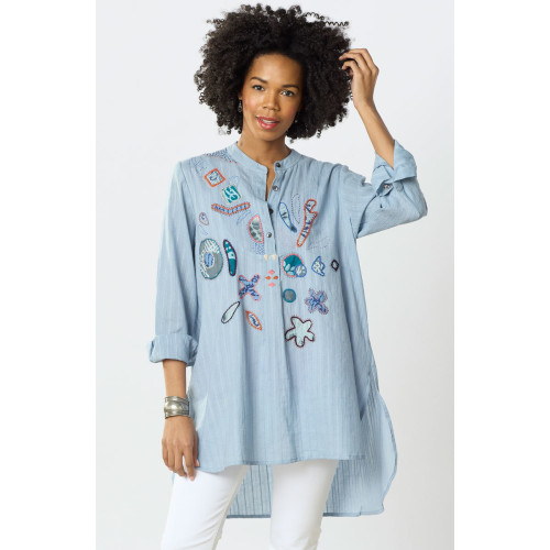 Amreli Upcycled Appliqué Lightweight Tunic - Cloud Amreli Upcycled Appliqué Lightweight Tunic - Cloud