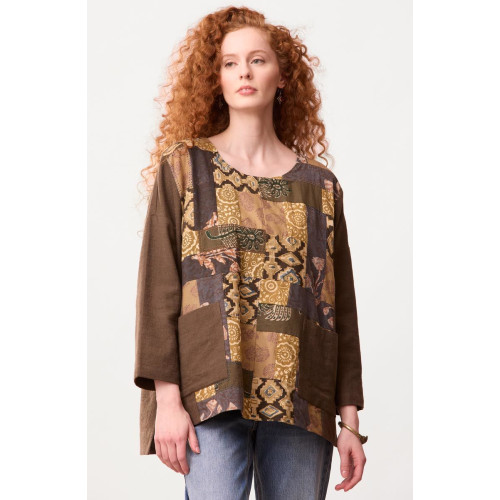 Sanija Upcycled Patchwork Boxy Top - Walnut/Multi/Chindi Sanija Upcycled Patchwork Boxy Top - Walnut/Multi/Chindi